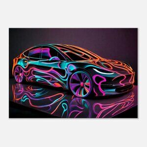 Tesla Model 3 Neon Abstract Vibrant Colorful Design for Modern Canvas Wall Art